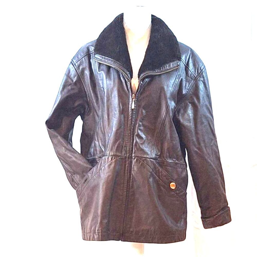 Donna Pelle Vintage Brown Leather Coat Faux Fur Collar Size S